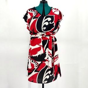 Smashed Lemon NWT Patterned Ruffled Sleeve V-Neck Dress with Waist Tie, 10